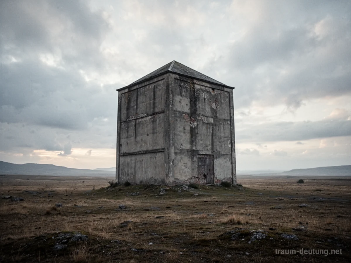 Ein Gebäude ohne sichtbare Türen in einer kargen Landschaft
