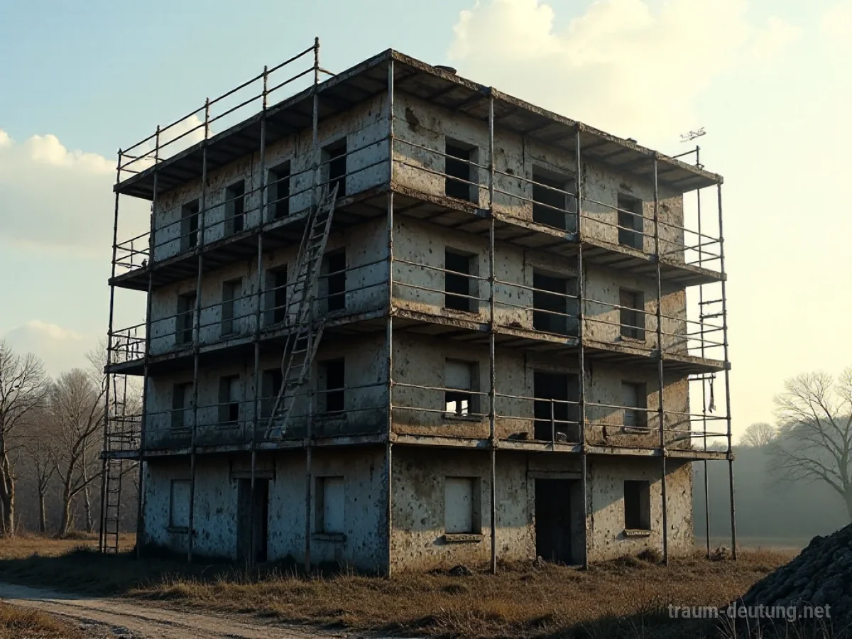 Ein älteres Gebäude wird renoviert, mit Gerüsten und sichtbaren neuen Bauteilen.