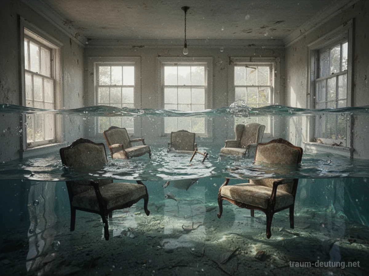 Ein Gebäude steht teilweise unter Wasser, Möbel schwimmen im Inneren.