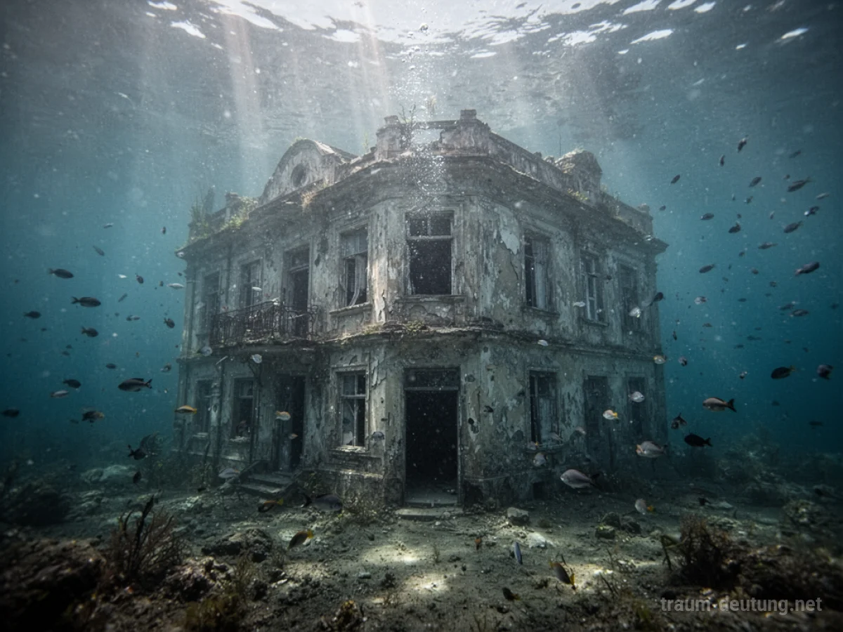 Ein altes Gebäude unter Wasser, Sonnenlicht dringt durch das trübe Wasser