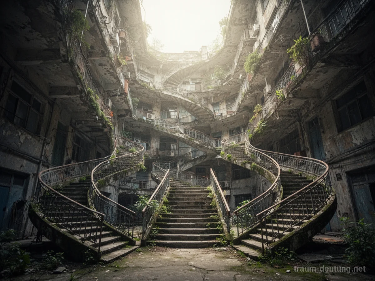 Ein labyrinthartiges Gebäude mit unzähligen Treppen, die sich in verschiedene Richtungen erstrecken.
