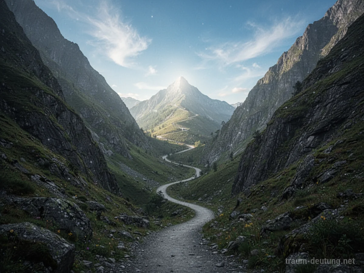 Ein schmaler Gebirgspass mit einem Pfad, der auf einen sonnigen Gipfel führt.