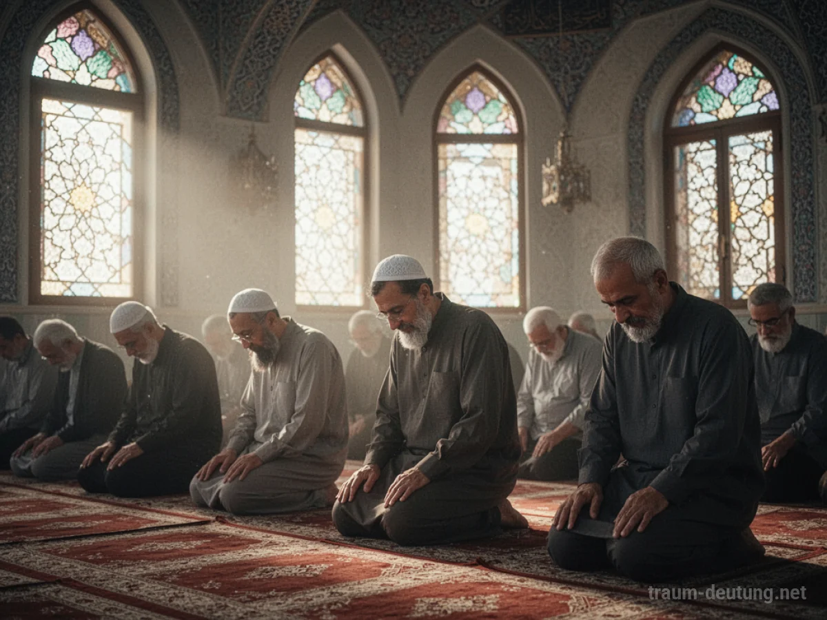 Menschen beten friedlich in einer Moschee, sanftes Licht fällt herein.