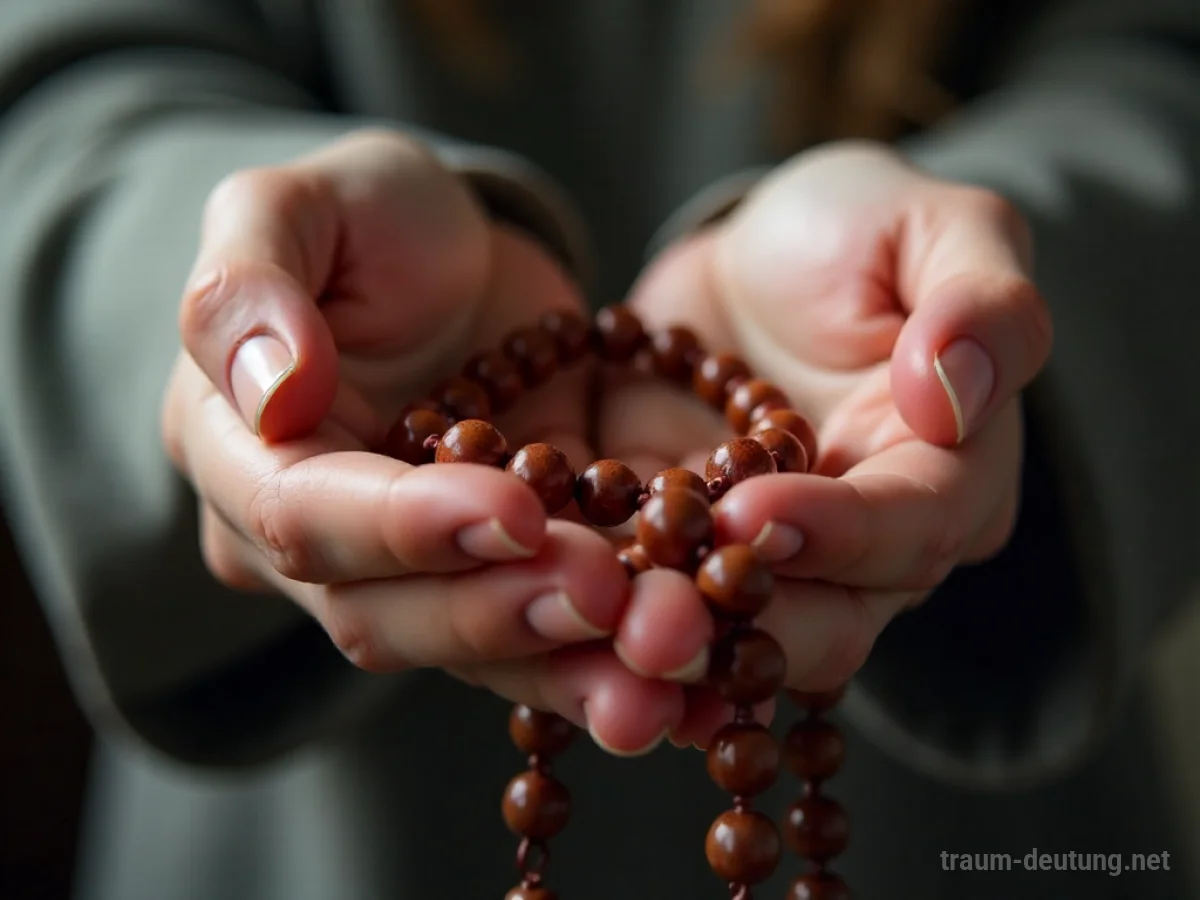 Gebetsperlen in den Händen, die auf spirituelle Suche und Ruhe hindeuten.