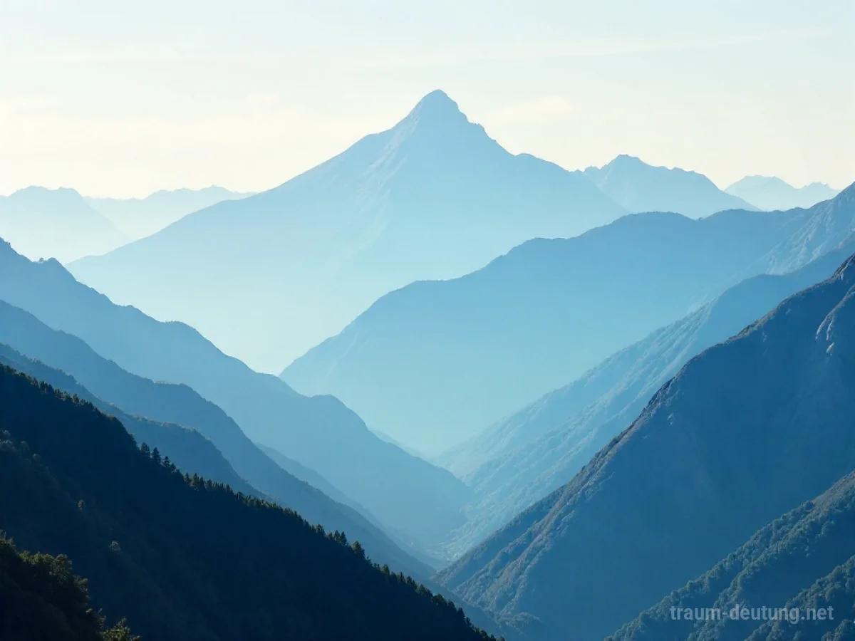 Ein weites Gebirge in der Ferne, leicht im Nebel verborgen, unter einem klaren Himmel.