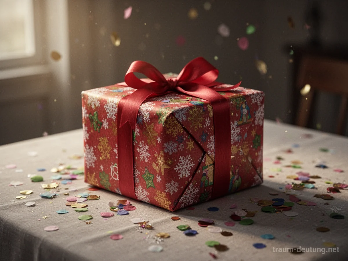 Eine schön verpackte Geschenkbox auf einem Tisch, beleuchtet von warmem Licht.