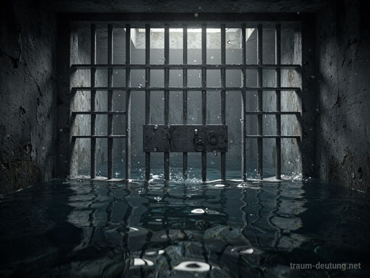 Ein unter Wasser liegendes Gefängnis mit durch die Gitterstäbe fallendem Licht.