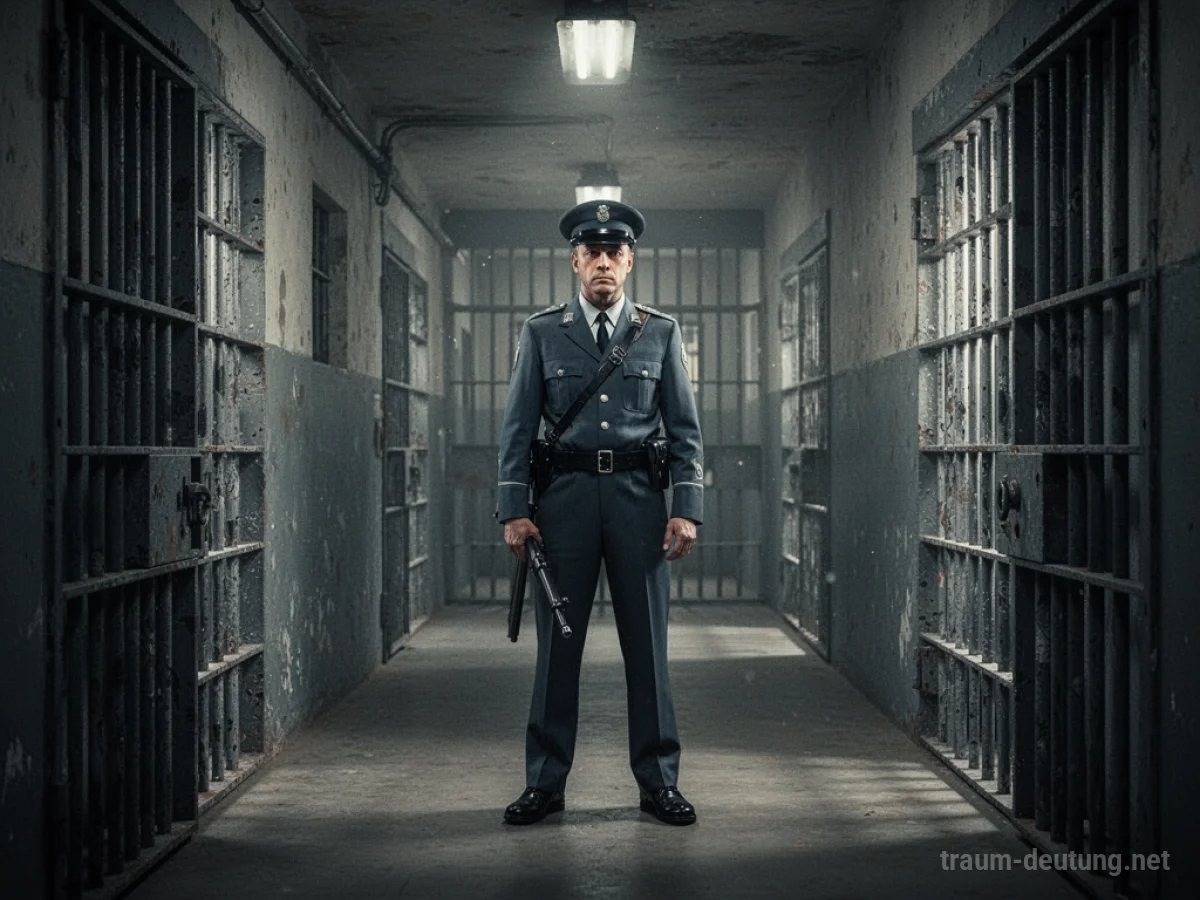 Ein Gefängniswärter steht im Gang eines Gefängnisses und beobachtet.