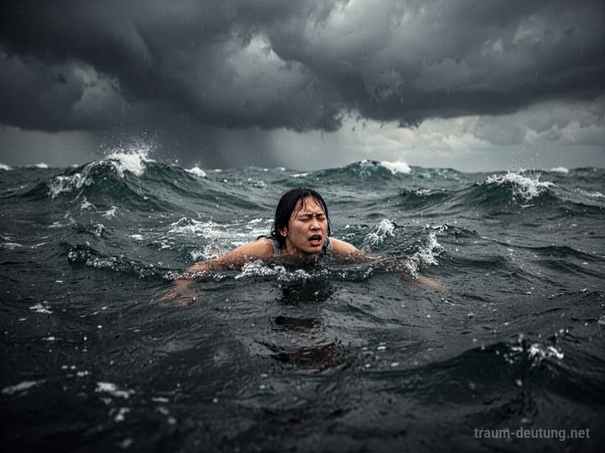 Person kämpft im Wasser, umgeben von Wellen und Sturm.