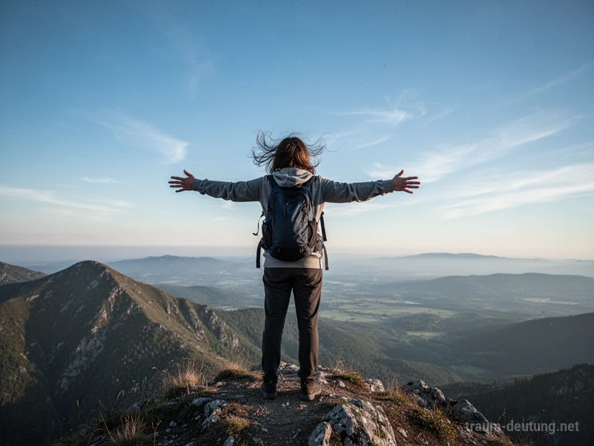 Eine Person steht auf einem Berg und genießt die Freiheit der weiten Landschaft.
