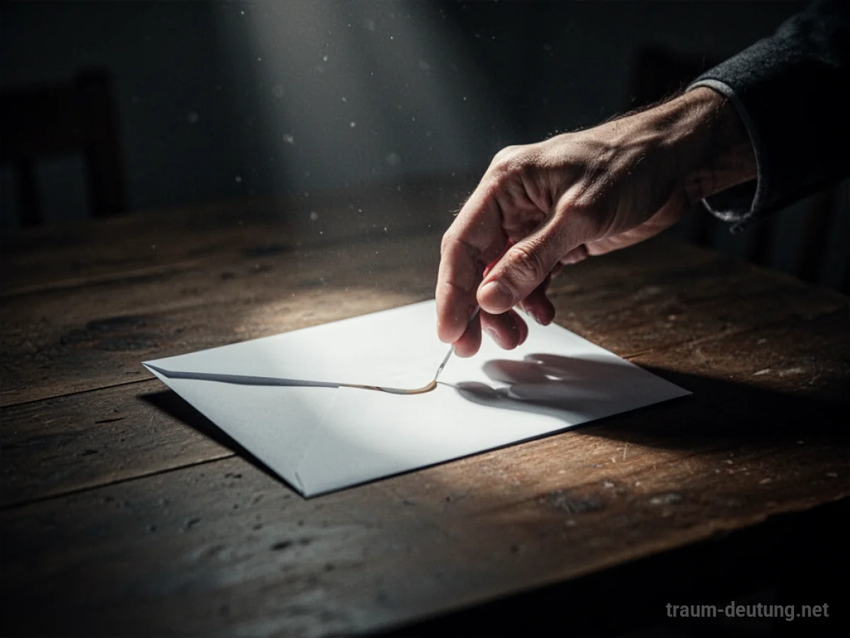 Eine Hand greift nach einem versiegelten Umschlag auf einem Tisch.