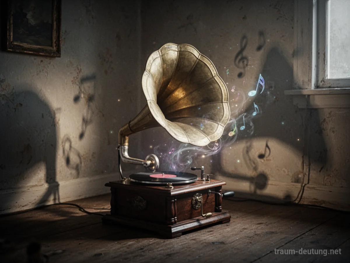 Eine alte Grammophon spielt geheimnisvolle Musik in einem schwach beleuchteten Raum.