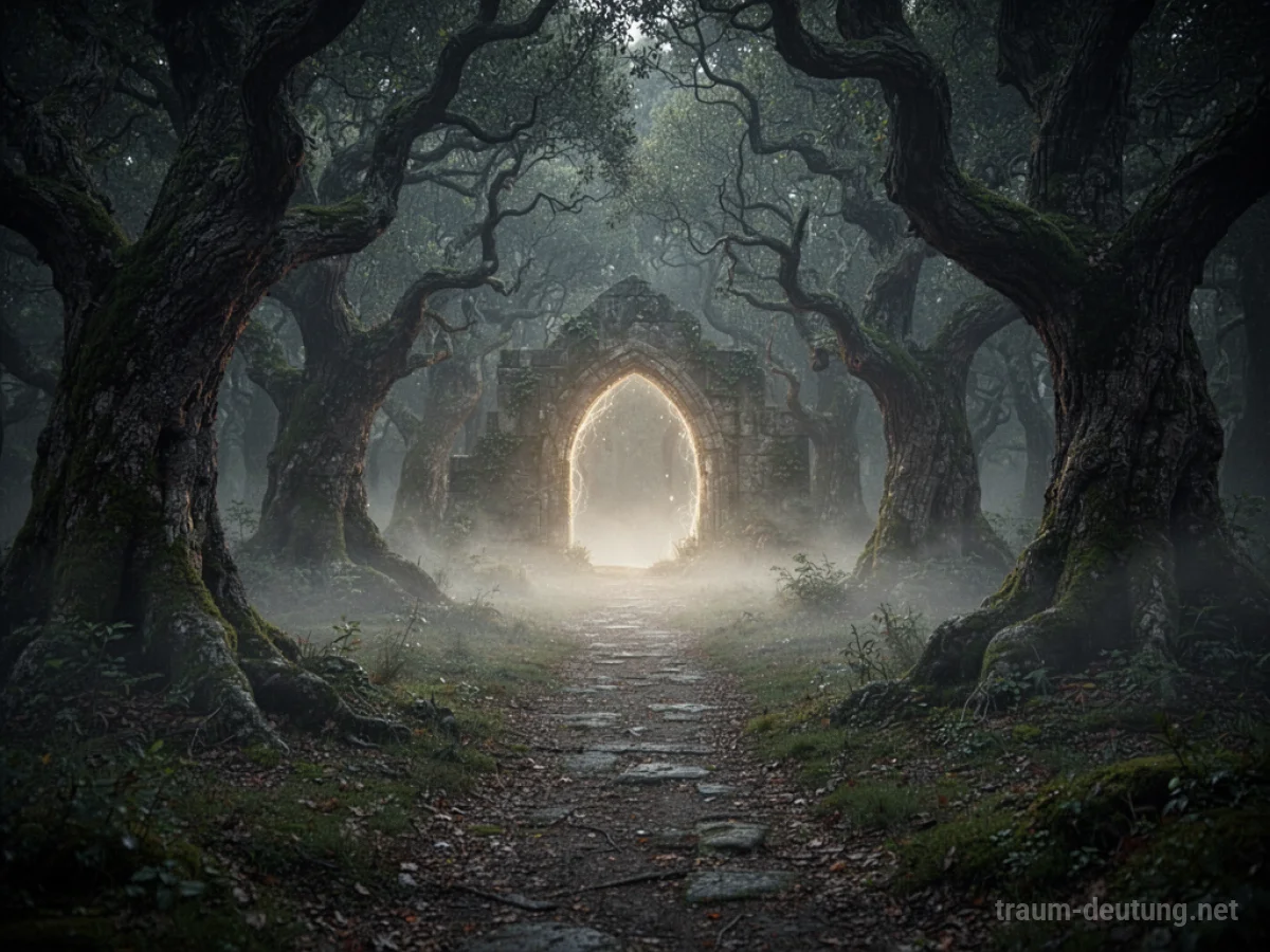 Ein nebliger Pfad in einem dunklen Wald führt zu einem leuchtenden Portal.