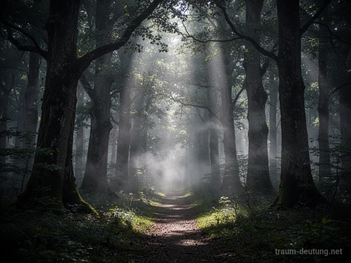 Ein dichter, nebliger Wald im Mondlicht mit einem schmalen Pfad.