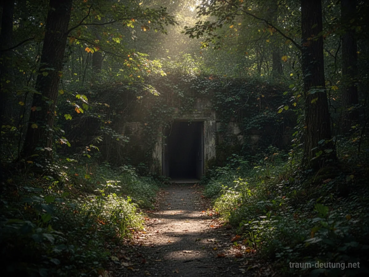 Dunkler, geheimnisvoller Eingang zu einem Versteck im Wald