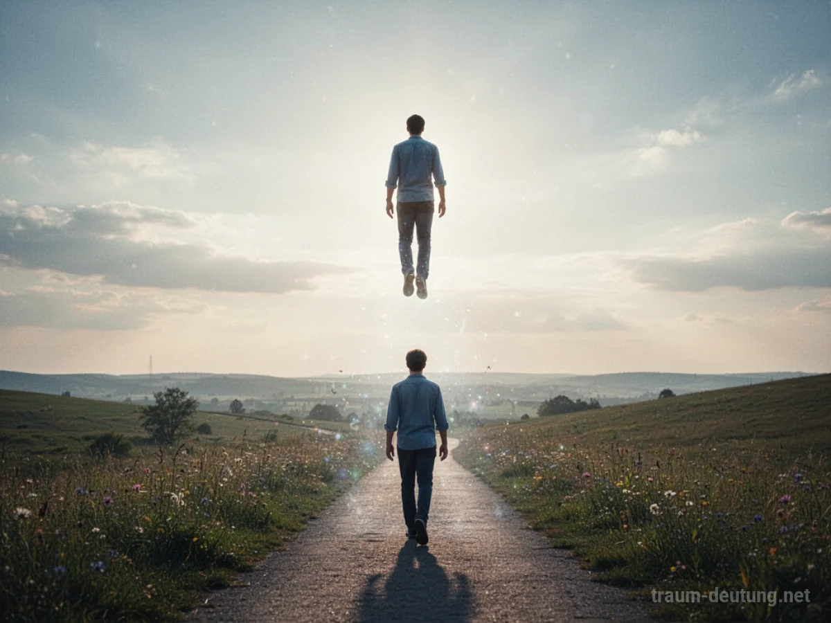 Person schwebt leichtfüßig den Himmel empor, während der Weg unter ihr verschwimmt.