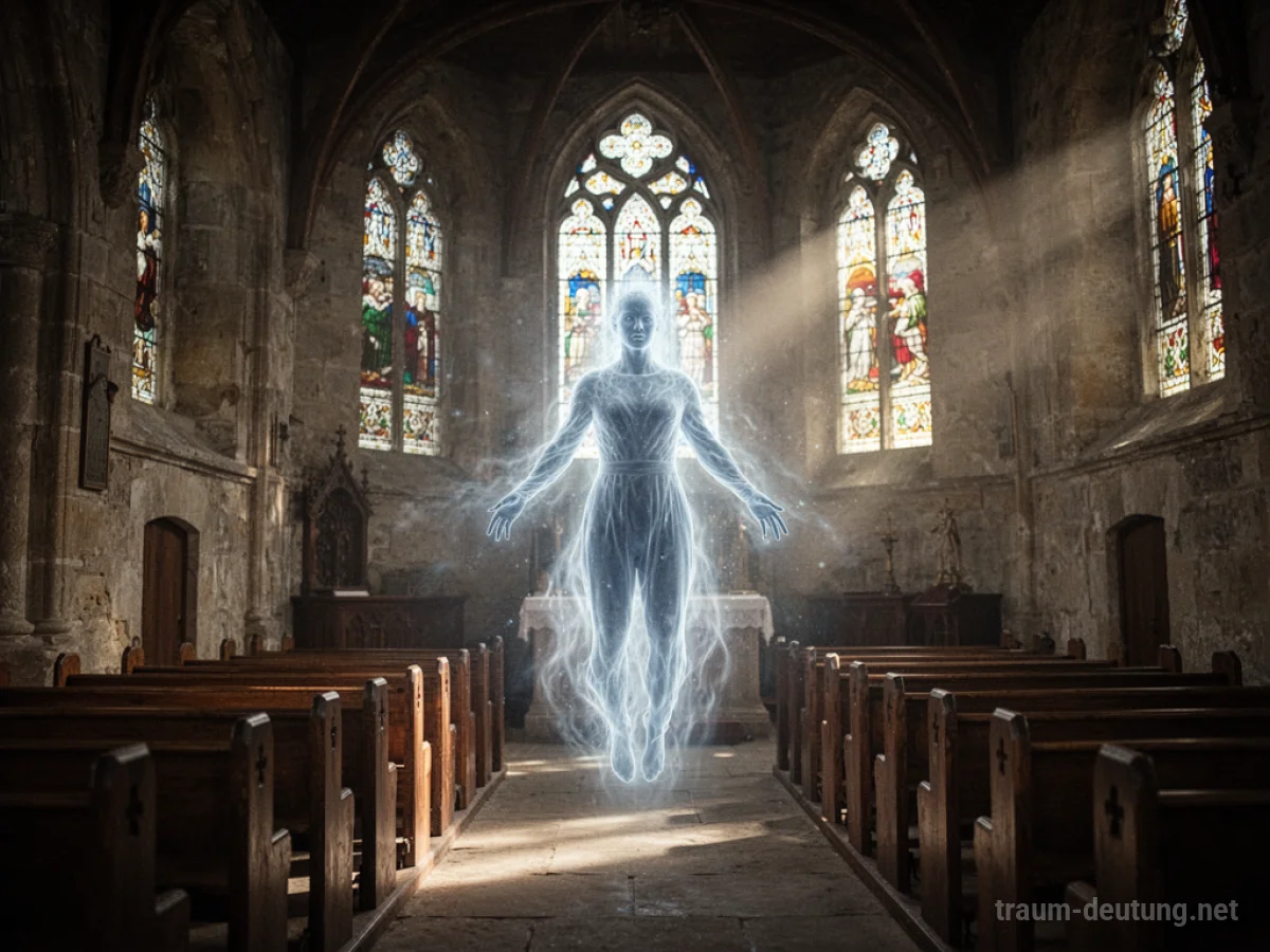 Geist schwebt in alter, dunkler Kirche
