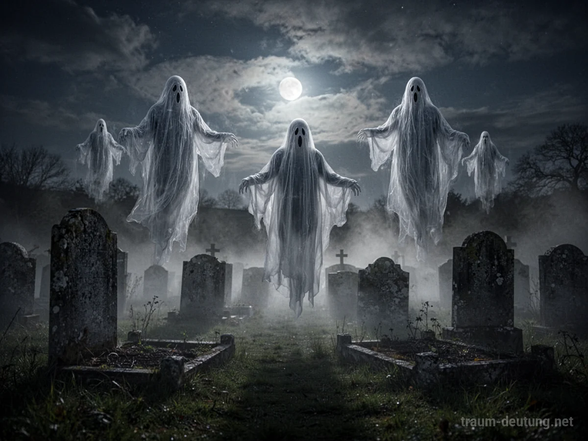 Geister schweben über einem alten Friedhof bei Nacht.