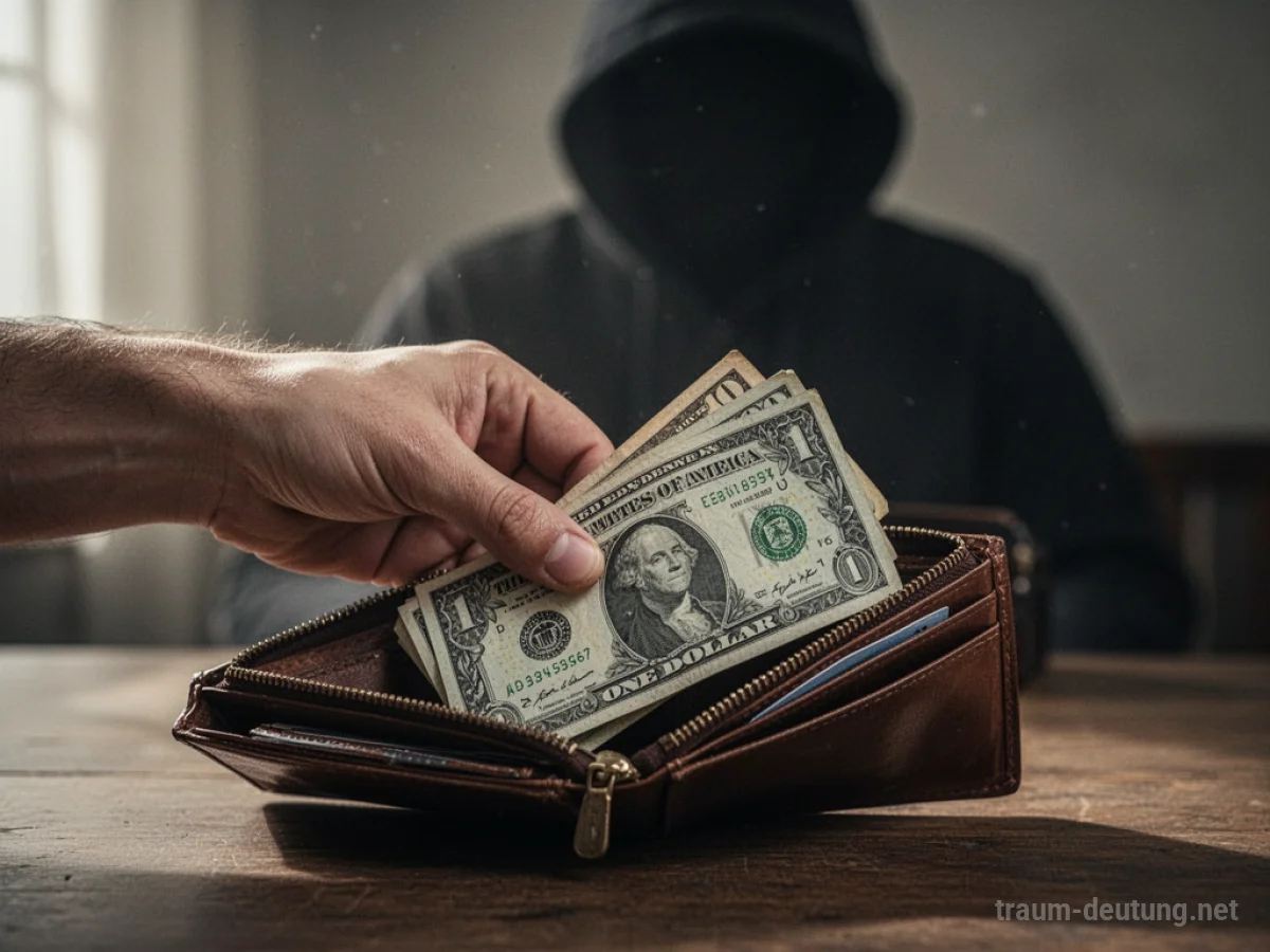 Hand stiehlt Geld aus einer Geldbörse, im Hintergrund eine dunkle Silhouette.