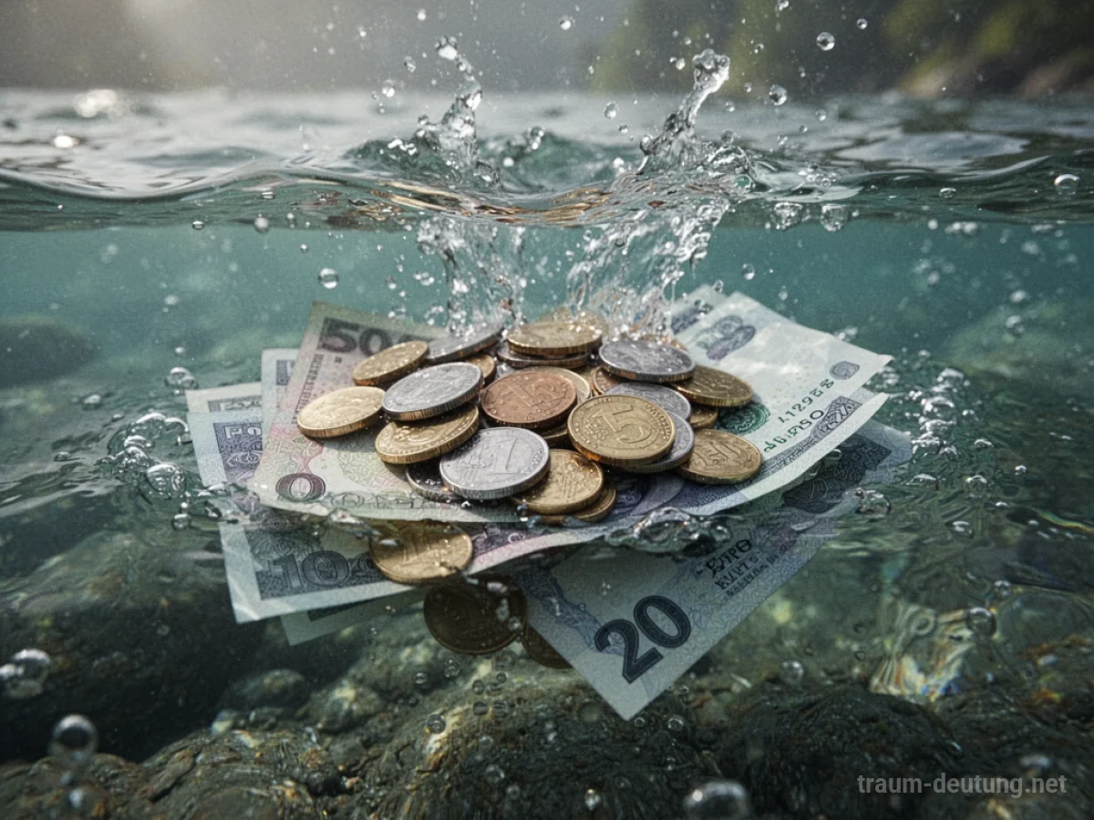 Geldmünzen und Scheine versinken im klaren Wasser eines Flusses.
