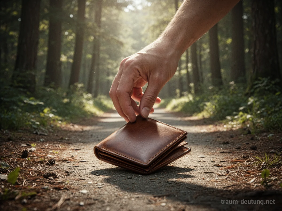 Eine Hand greift nach einem Geldbeutel, der auf einem sonnigen Waldweg liegt.