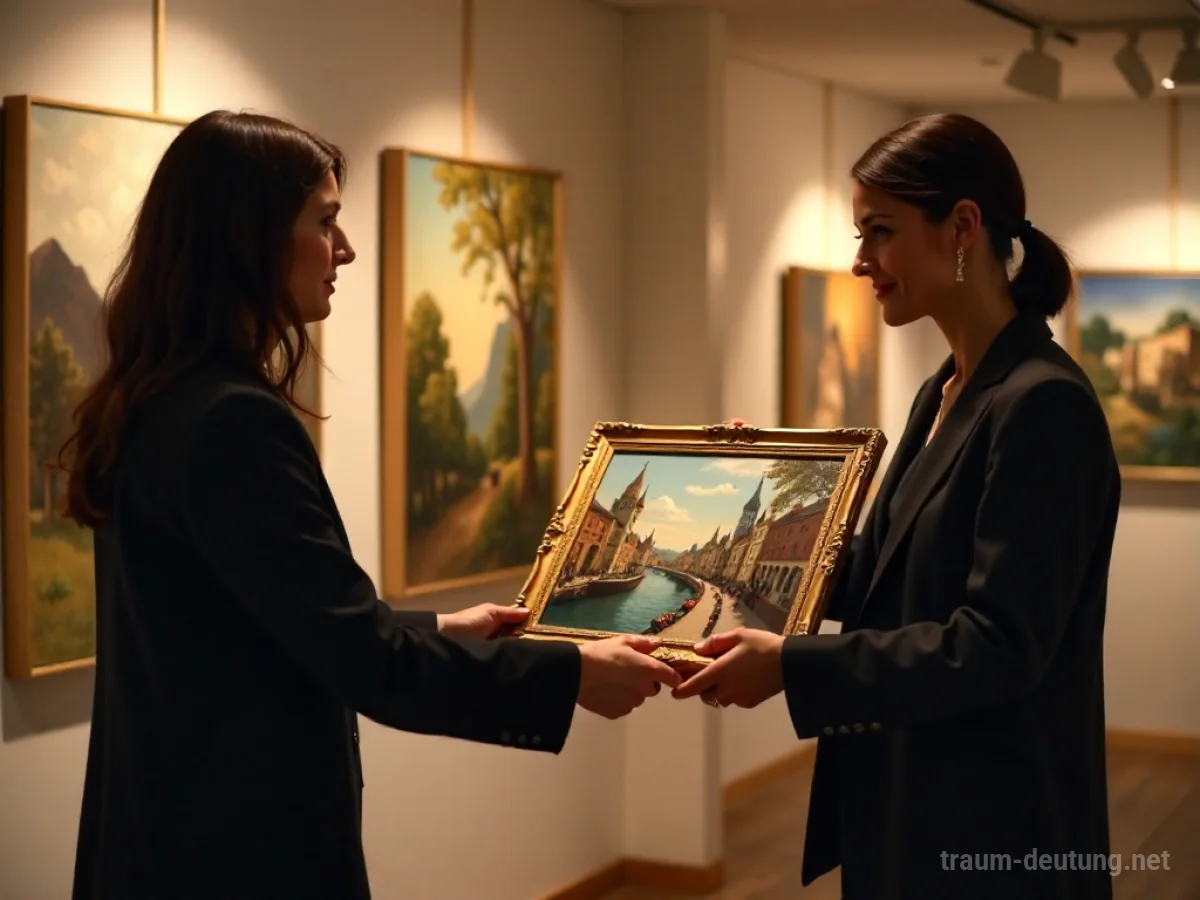 Person übergibt ein Gemälde an eine andere Person in einer Galerie