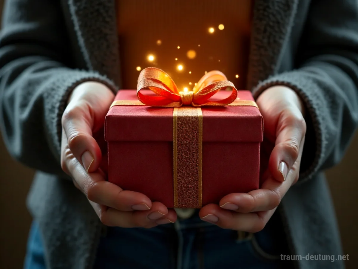 Hände packen ein Geschenk aus, goldenes Licht scheint hervor.