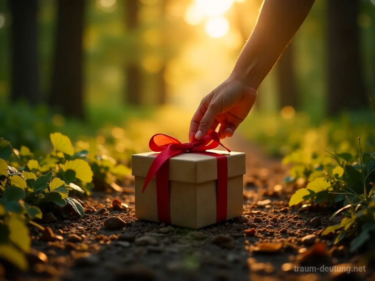 Eine Hand hebt eine Geschenkbox von einem Waldweg auf.
