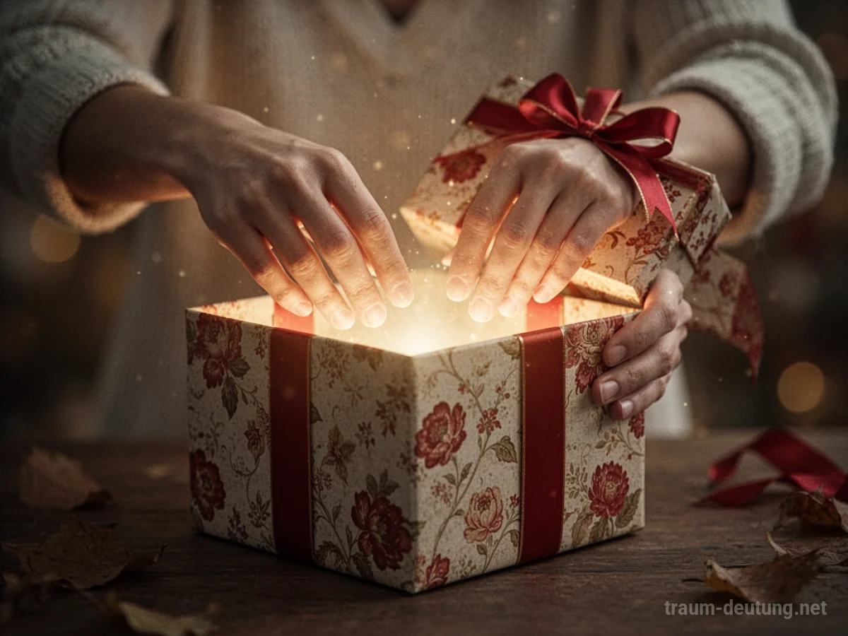 Hände greifen in eine Geschenkbox, aus der ein sanftes Licht scheint.