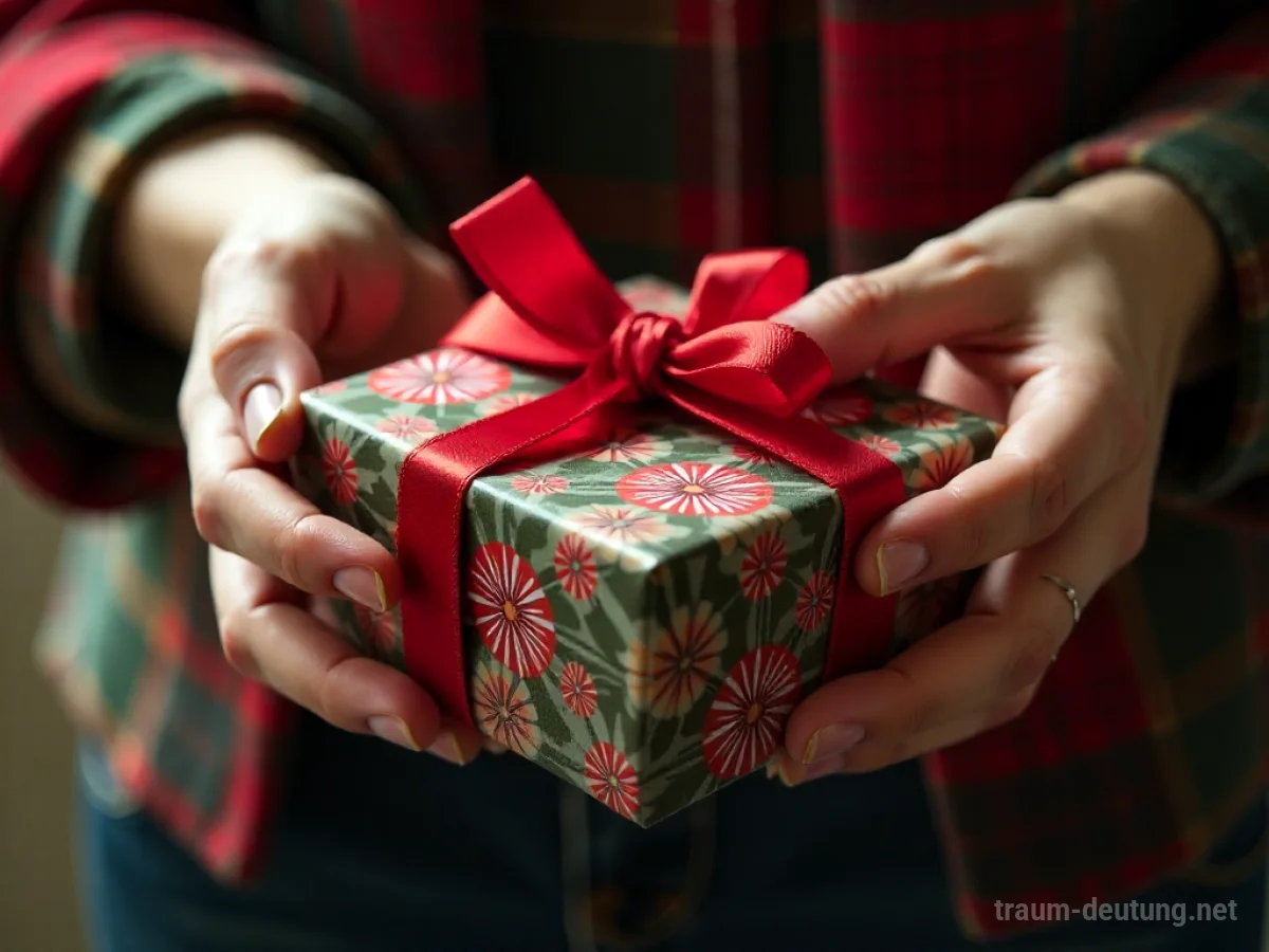 Hände, die ein Geschenk liebevoll mit buntem Papier und Band einpacken.