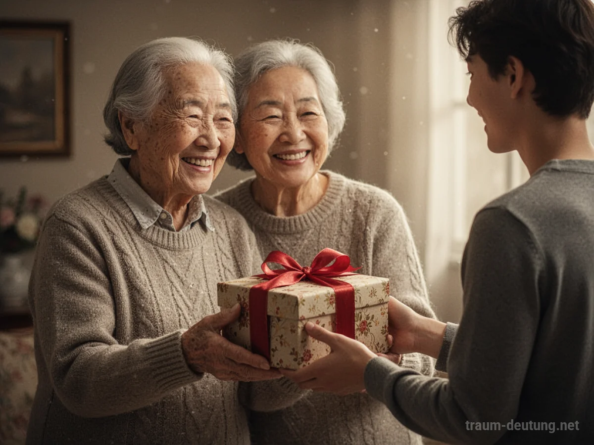 Älteres Paar übergibt ein Geschenk an eine jüngere Person, warme Beleuchtung.