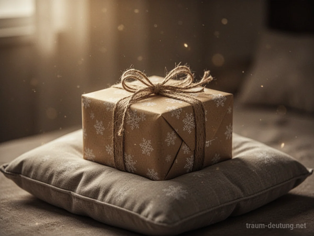Ein liebevoll verpacktes Geschenk liegt auf einem Kissen, sanft beleuchtet.
