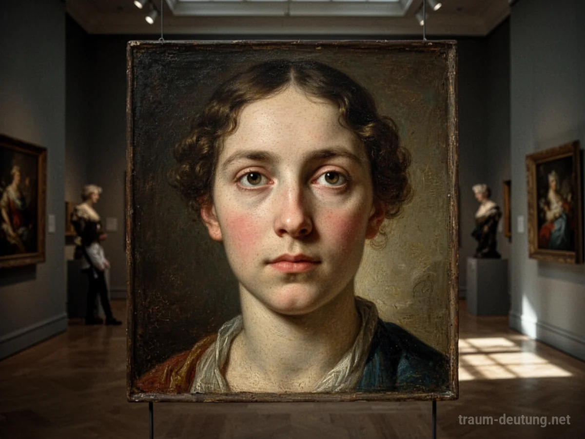 Ein Gesicht auf einem antiken Gemälde in einer Galerie