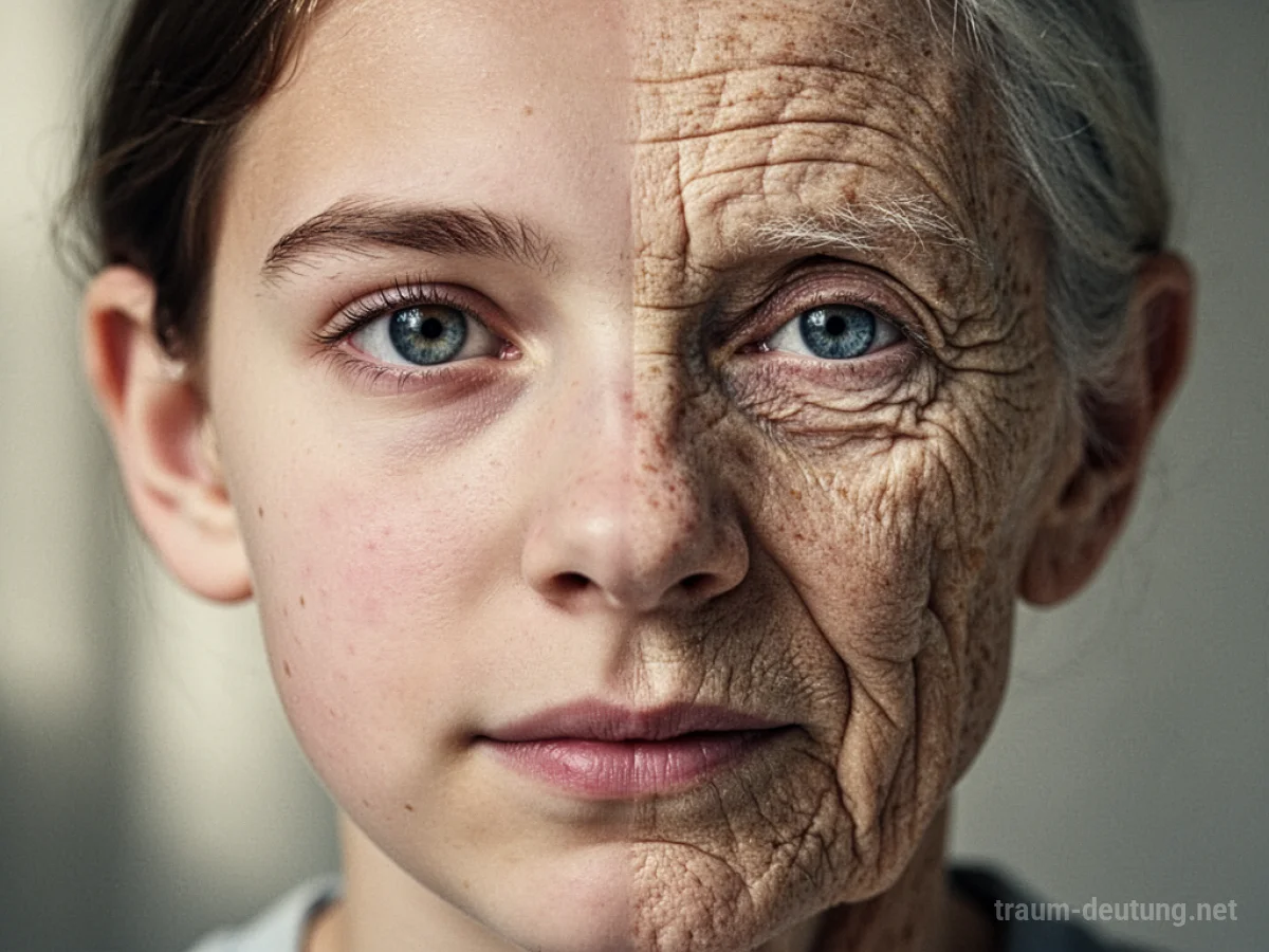 Ein Gesicht, das zur Hälfte jung und zur anderen Hälfte stark gealtert ist.