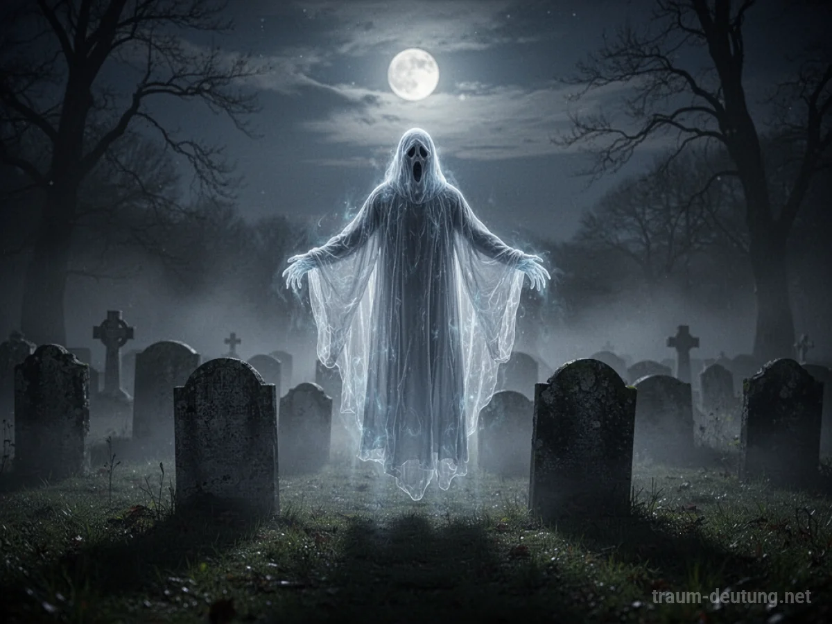 Ein Gespenst schwebt über Grabsteinen auf einem nebligen Friedhof bei Nacht.