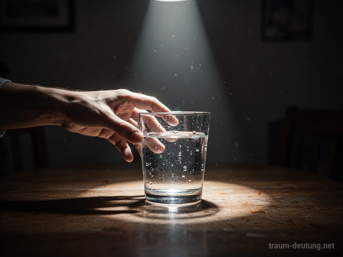 Hand greift nach einem Glas Wasser in einem schwach beleuchteten Raum.