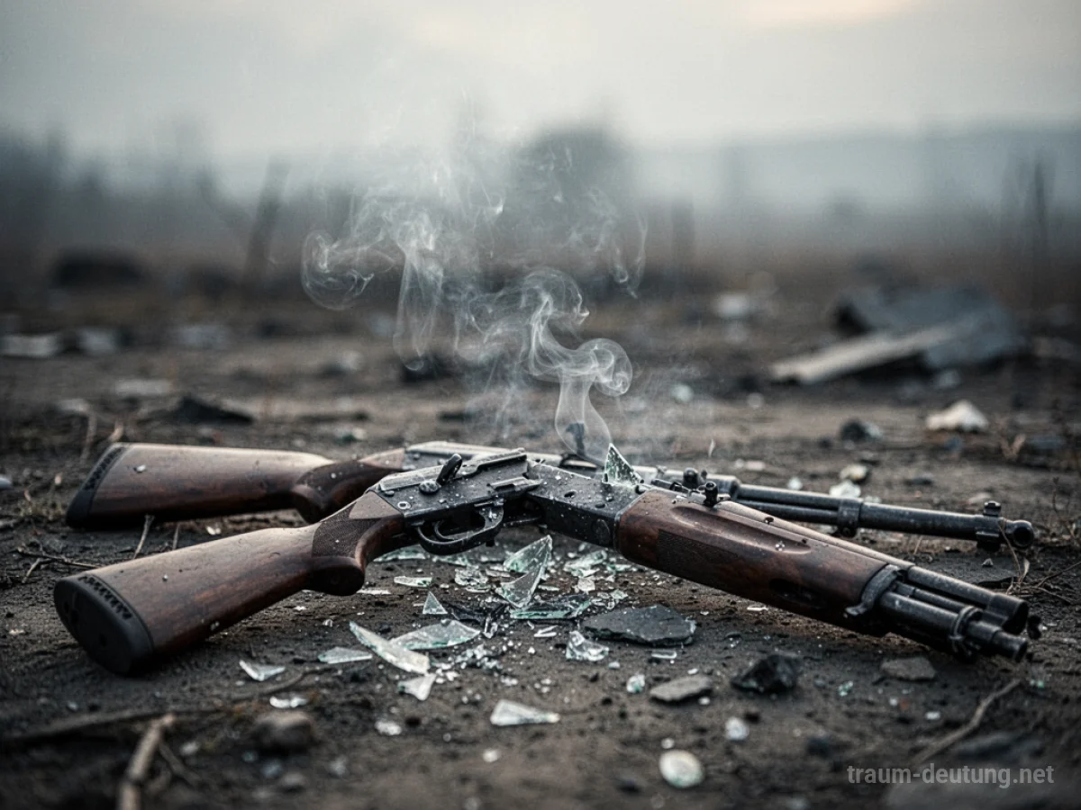 Explodiertes Gewehr auf einem staubigen Boden liegend, mit leichten Rauchschwaden.