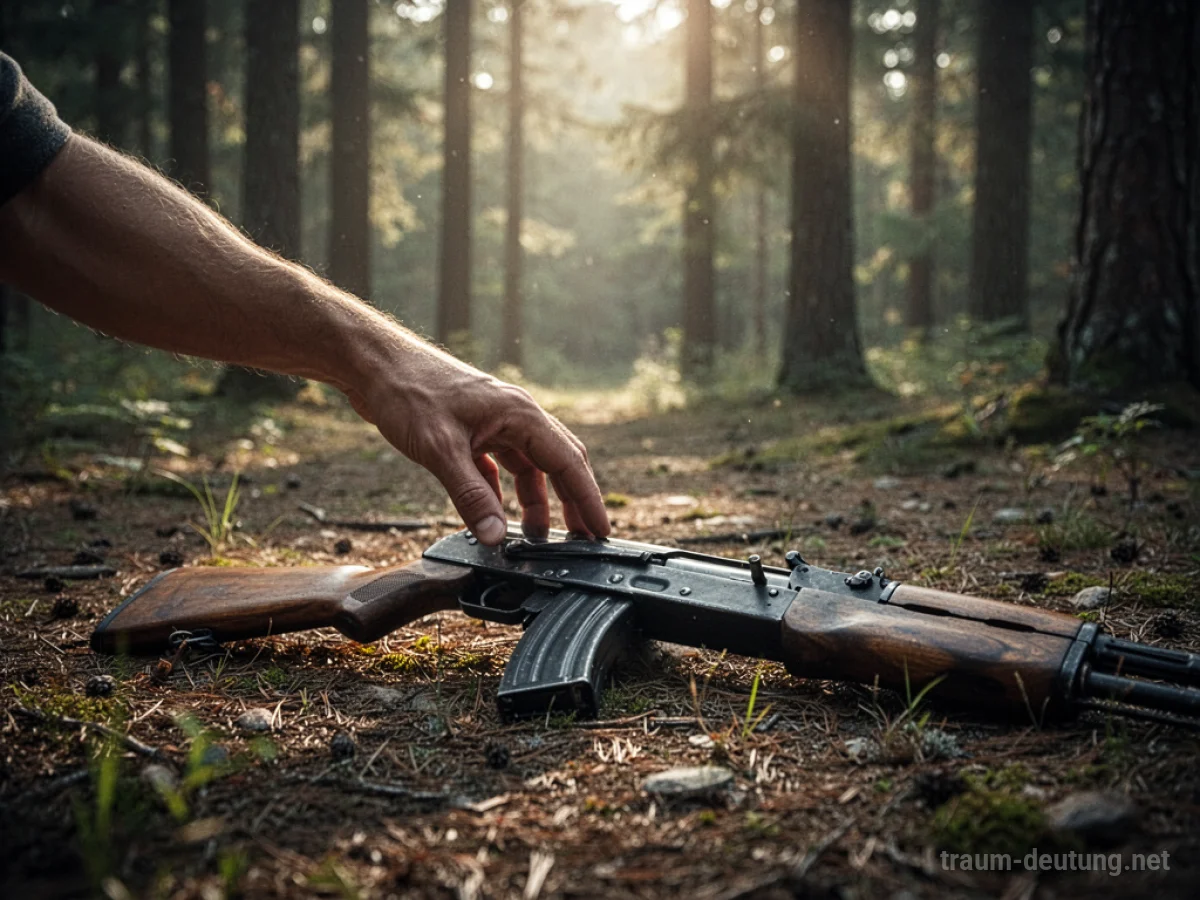 Hand greift nach einem Gewehr, das auf Waldboden liegt.