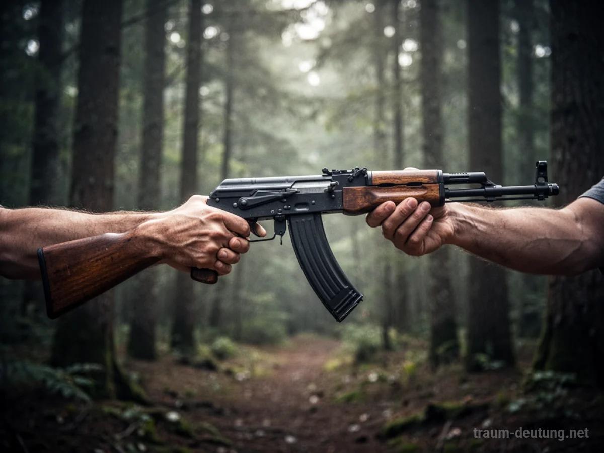 Eine Hand gibt ein Gewehr an eine andere Hand weiter.
