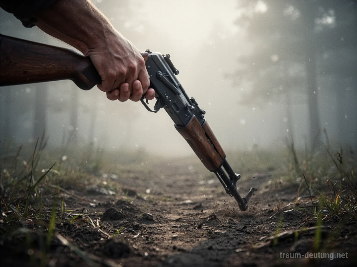 Hand hält ein Gewehr, das nach unten auf den Boden gerichtet ist.