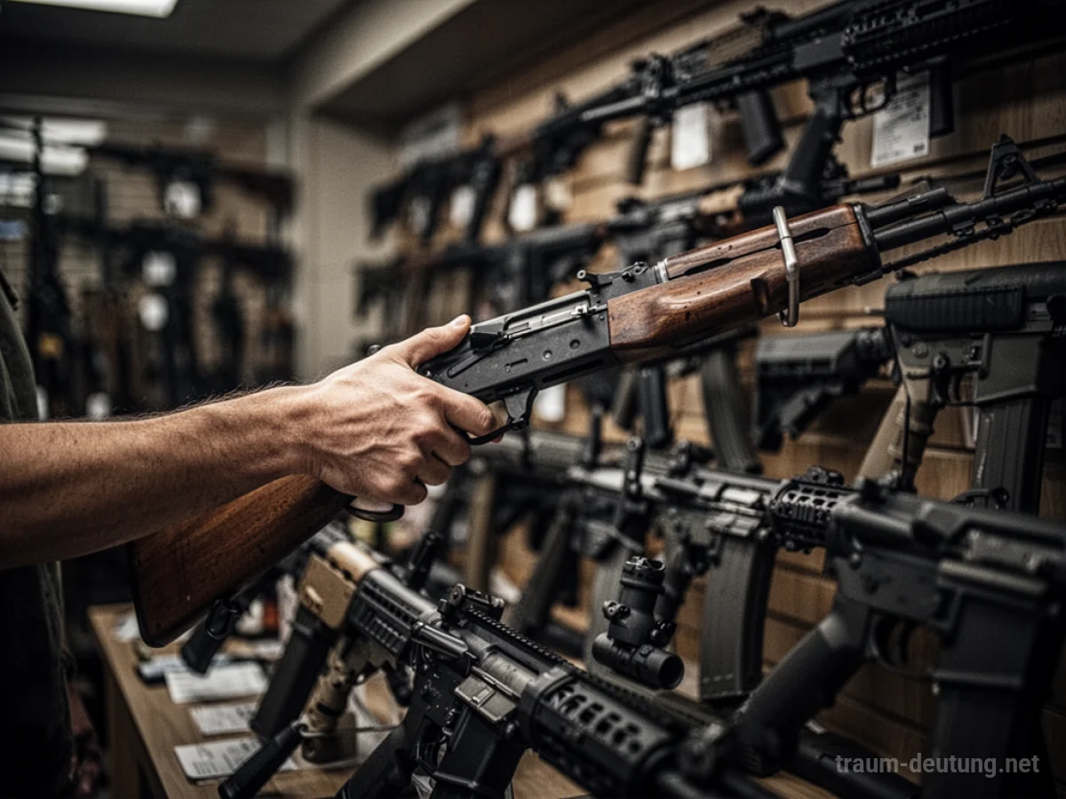 Hand greift nach einem Gewehr in einem Waffengeschäft.