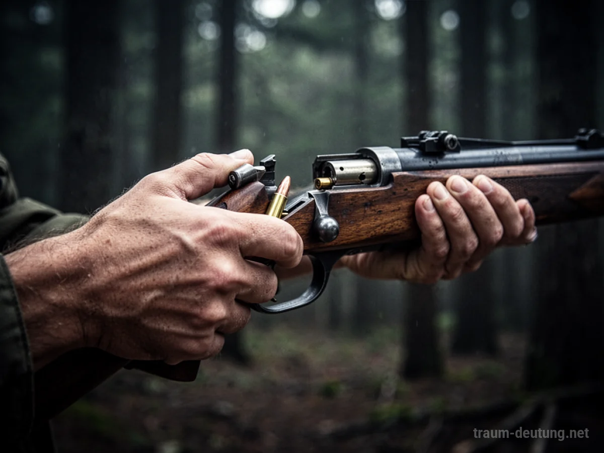 Hand lädt ein Gewehr im Wald