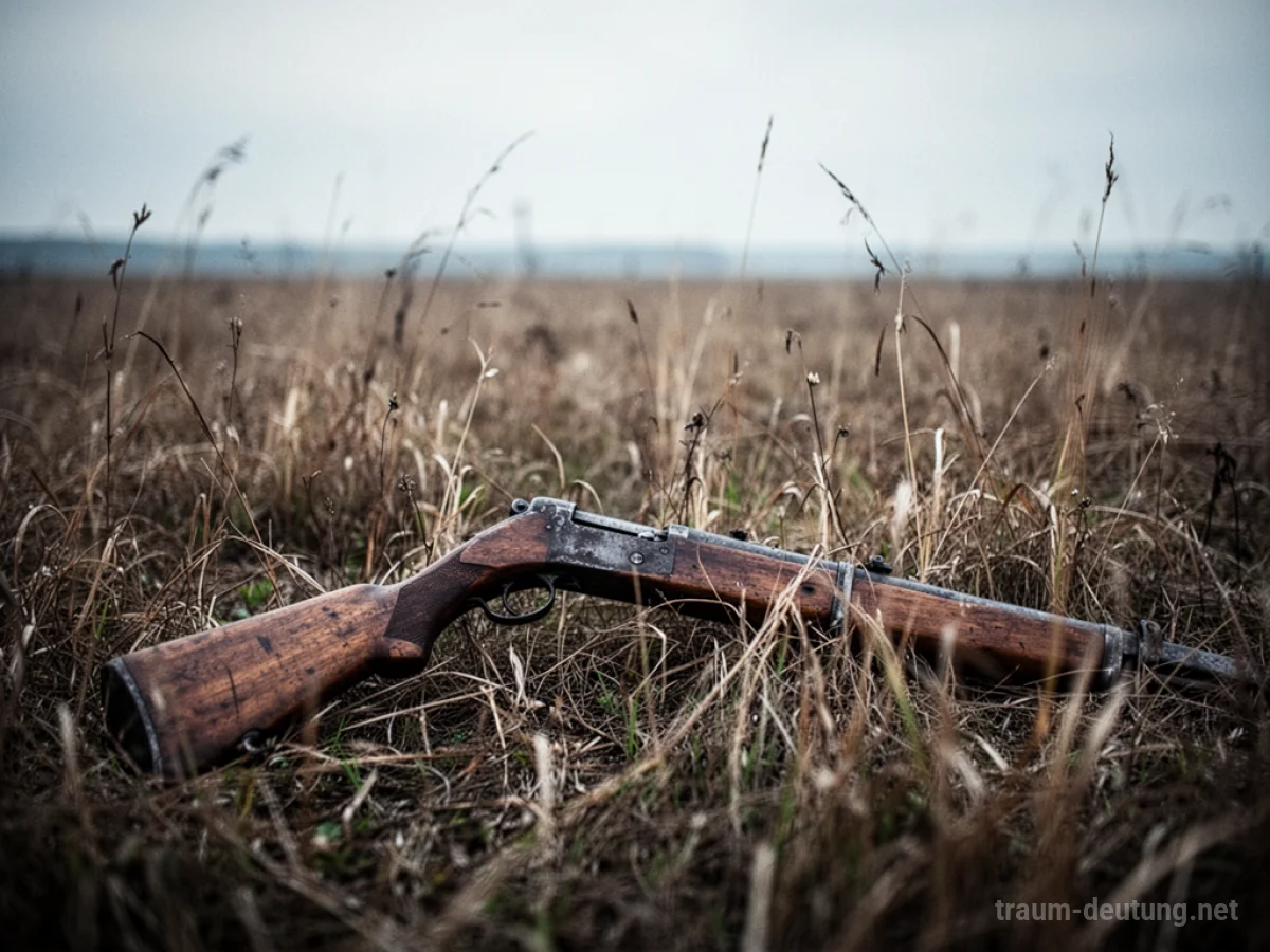 Ein einzelnes, altes Gewehr liegt im hohen Gras.