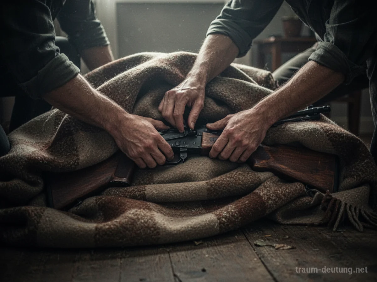 Hände verstecken ein Gewehr unter einer Decke in einem dunklen Raum.