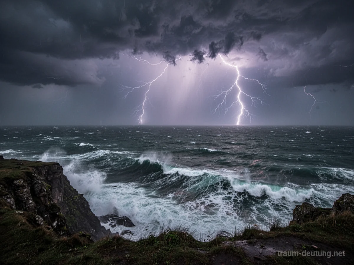Dramatisches Gewitter mit Blitzen über einem aufgewühlten Meer bei Nacht.