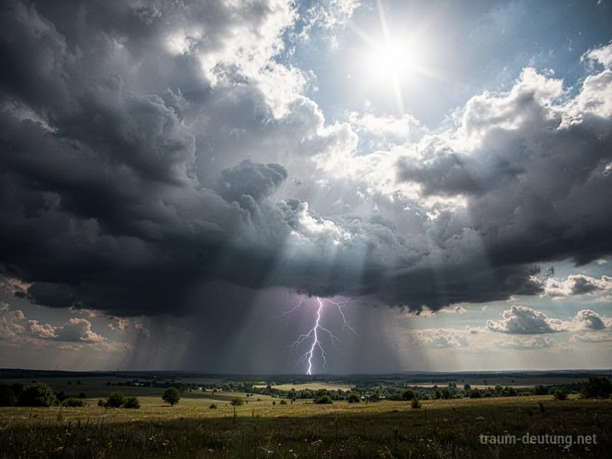 Gewitterwolken ziehen am hellen Tag auf, Blitz in der Ferne.