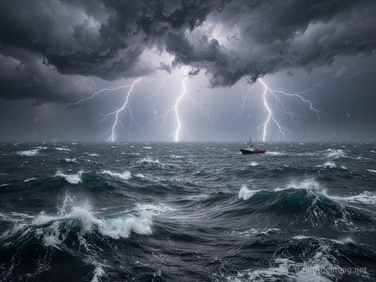 Gewitter über einem stürmischen Meer mit einem kleinen Boot in der Ferne