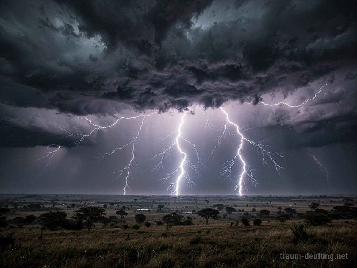 Ein plötzliches Gewitter mit Blitz und Donner über einer dunklen Landschaft.