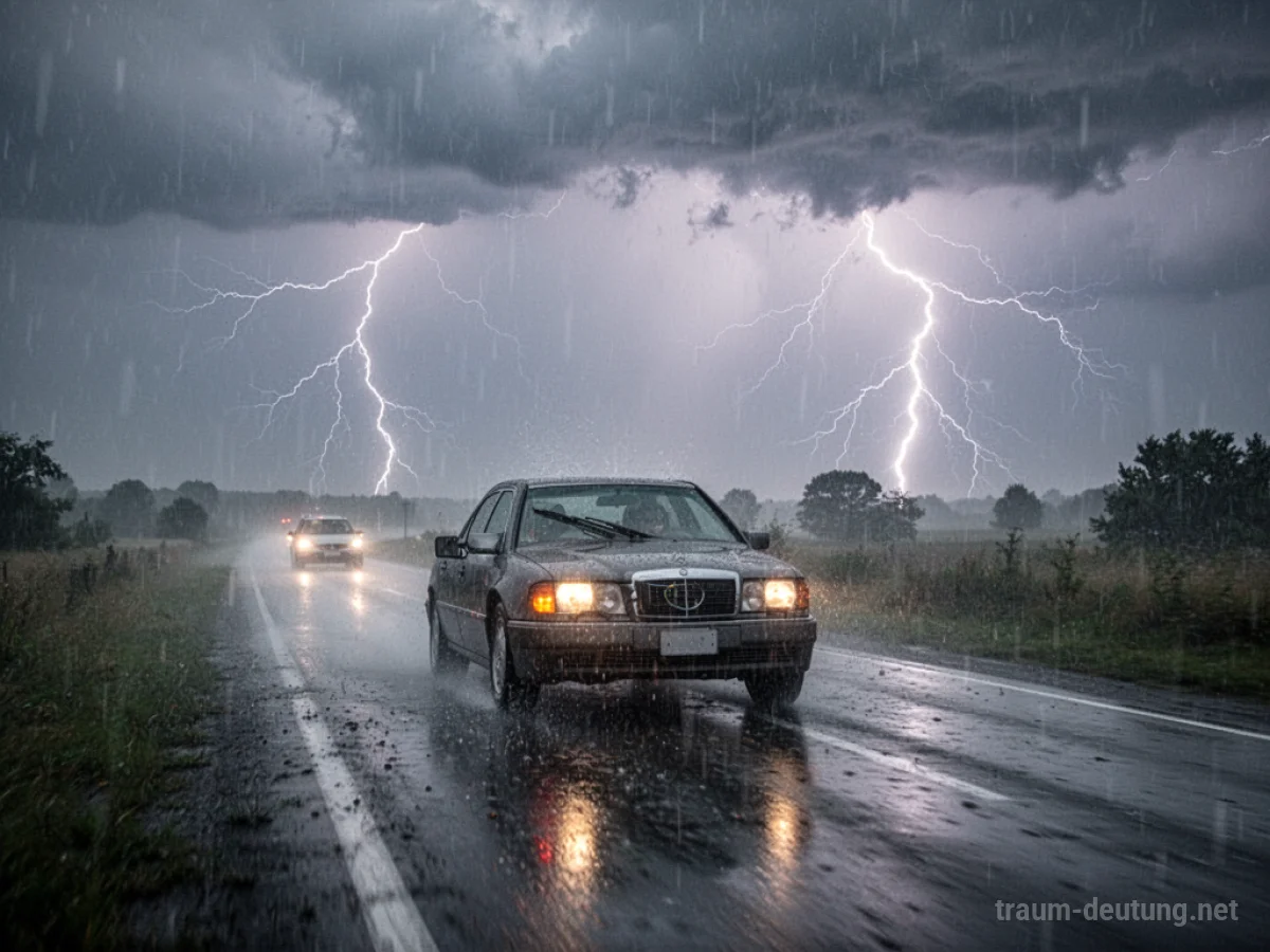 Auto fährt bei heftigem Gewitter, Blitze zucken am Himmel.