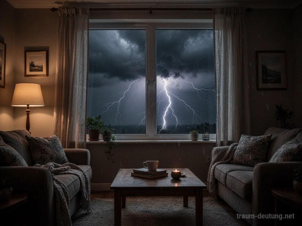 Gewitter zieht durch das Fenster in ein Wohnzimmer ein, Blitzlicht beleuchtet den Raum.